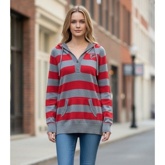 Atlanta Falcons Cutter And Buck Women’s Sz XL Red & Gray Cotton Hooded Sweater - Picture 1 of 16
